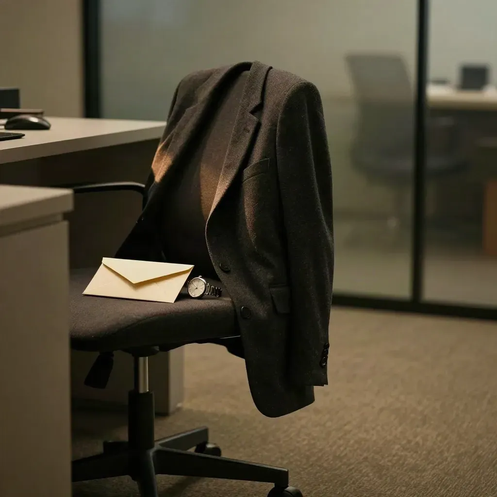 Tom stol med kuvert, klocka och jacka i ett mörkt kontor vid stängning.