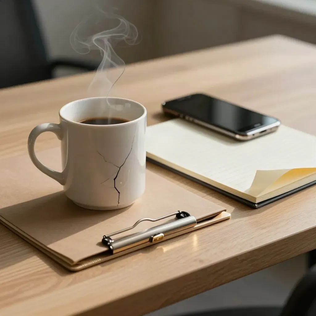 Sprucken kaffemugg, telefon och notisblock efter ett kundsamtal på ett ljus träbord.